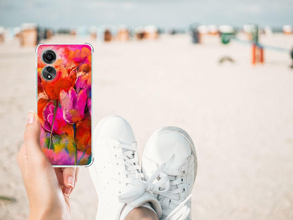 Back Cover OPPO A78 4G Tulips hand met hoesje strand achtergrond