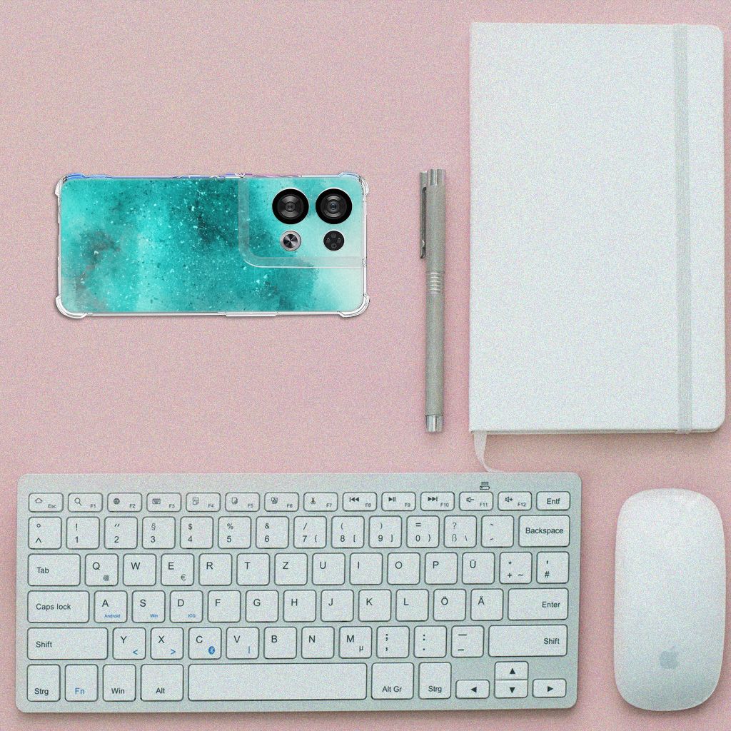 OPPO Reno8 Back Cover Painting Blue aanzicht toetsenbord notitieboek muis
