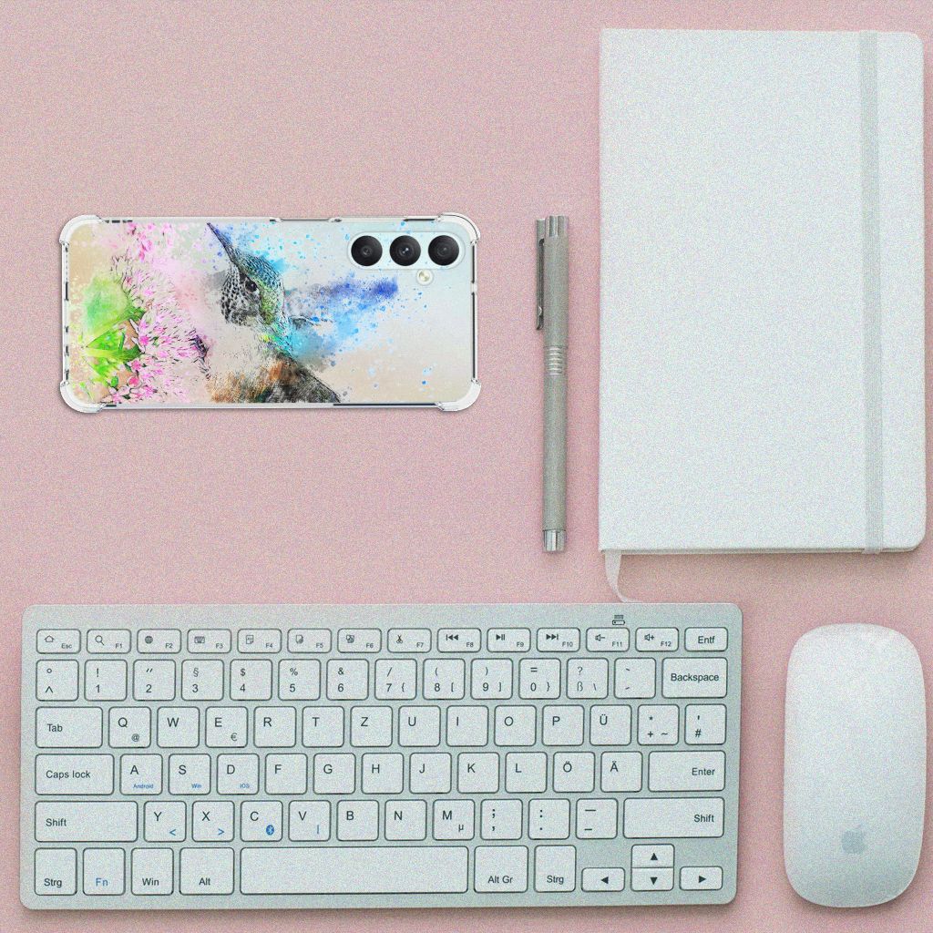 Samsung Galaxy A05s Vogel Back Cover bovenaanzicht toetsenbord notitieboek pen muis