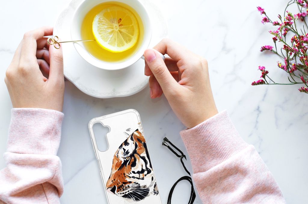 Back Cover Samsung Galaxy A14 5G Watercolor Tiger resting on a table next to a cup of tea with lemon.