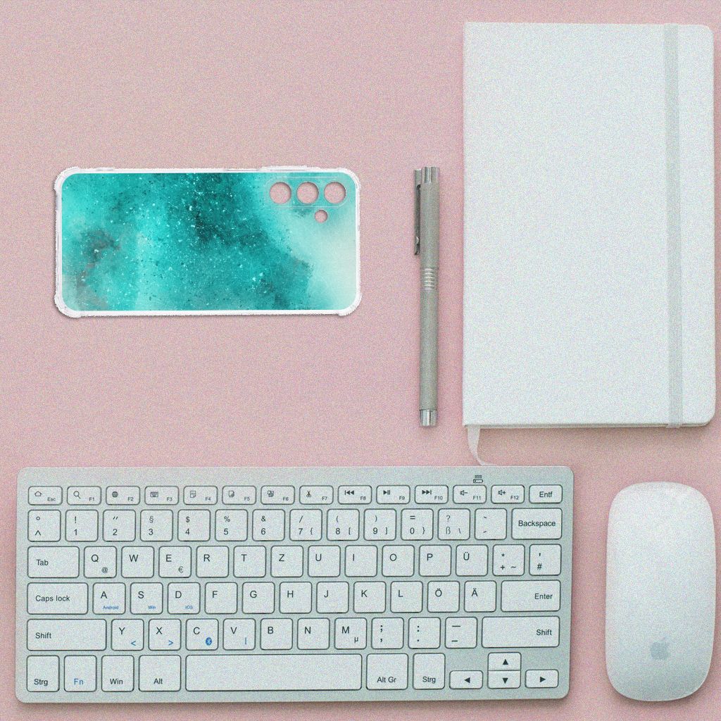 Samsung Galaxy A15 Back Cover Painting Blue bovenaanzicht toetsenbord notitieboek pen muis