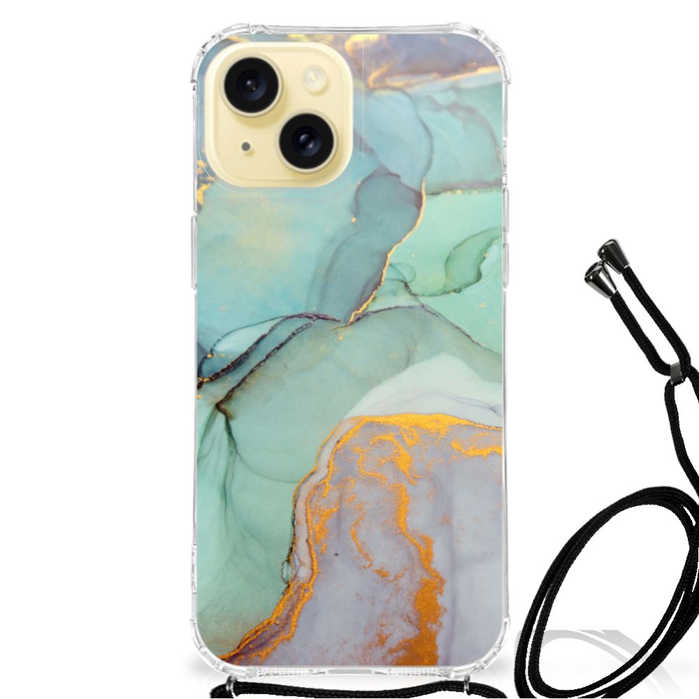 Apple iPhone 15 Back Cover Watercolor Mix voorkant met goud en groen