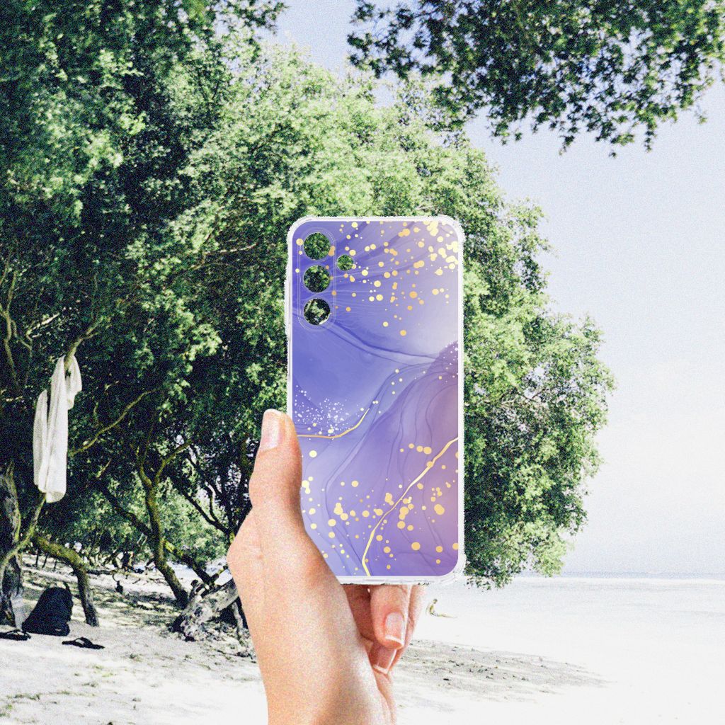 Back Cover voor Samsung Galaxy A15 Watercolor Paars met een kleurrijk paars ontwerp en gouden accenten.