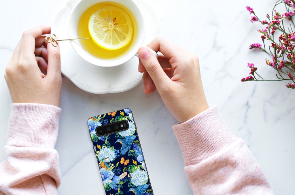 Samsung Galaxy S10 IJsvogel back cover bloemen design bovenaanzicht