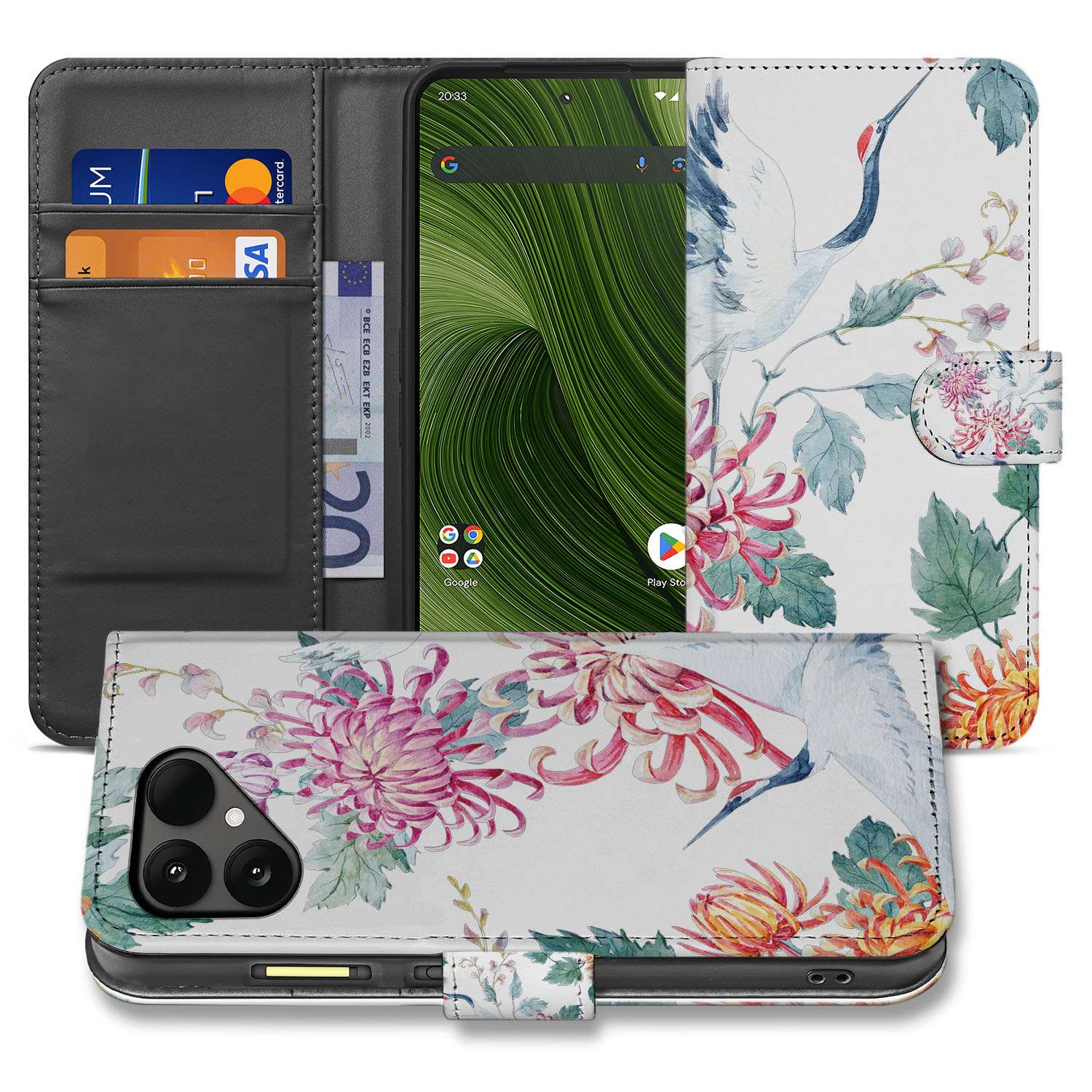 Bird Flowers Design Fairphone 6 Premium Bookcase Hoesje met Pasjes aanzicht binnenzijde