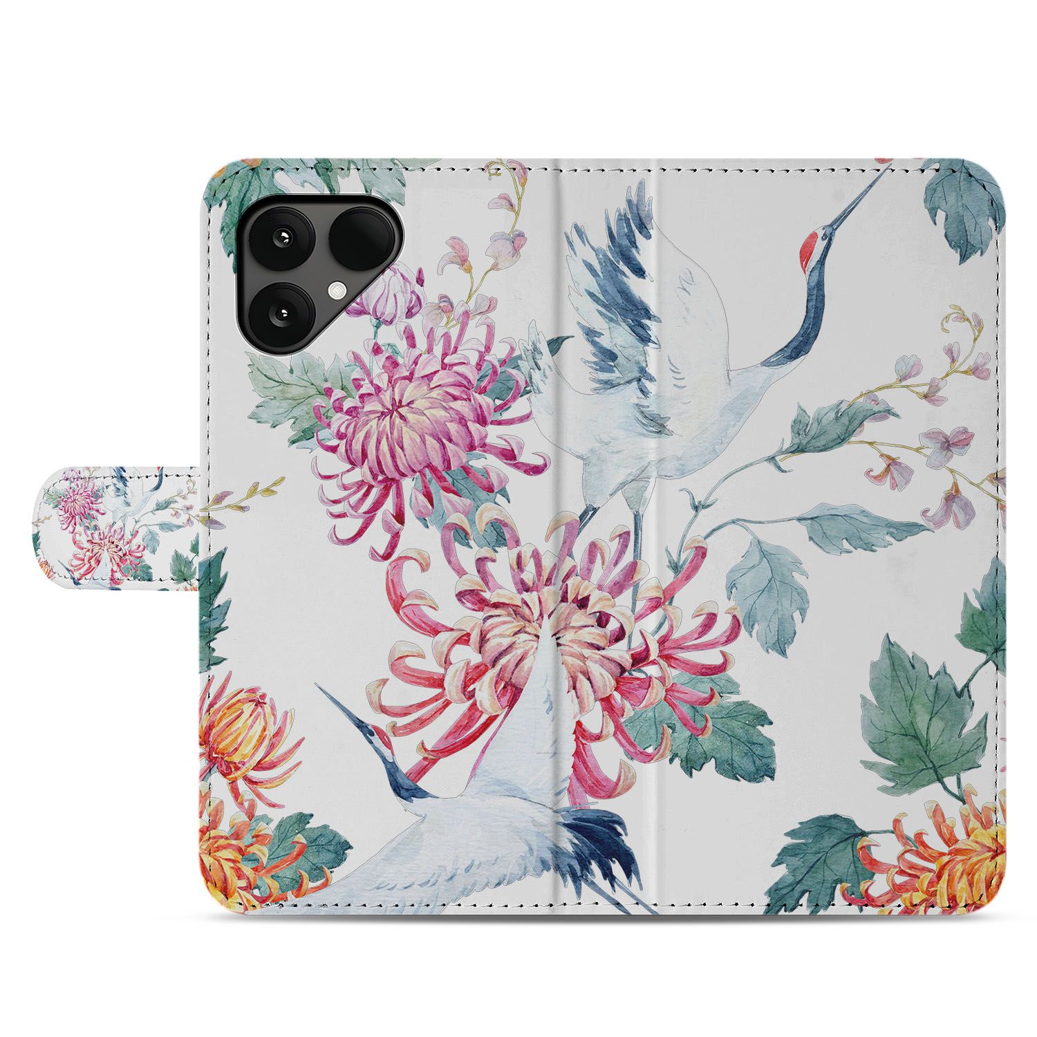 Bird Flowers Design Fairphone 6 Premium Bookcase Hoesje met Pasjes bloemen ooievaars bovenaanzicht