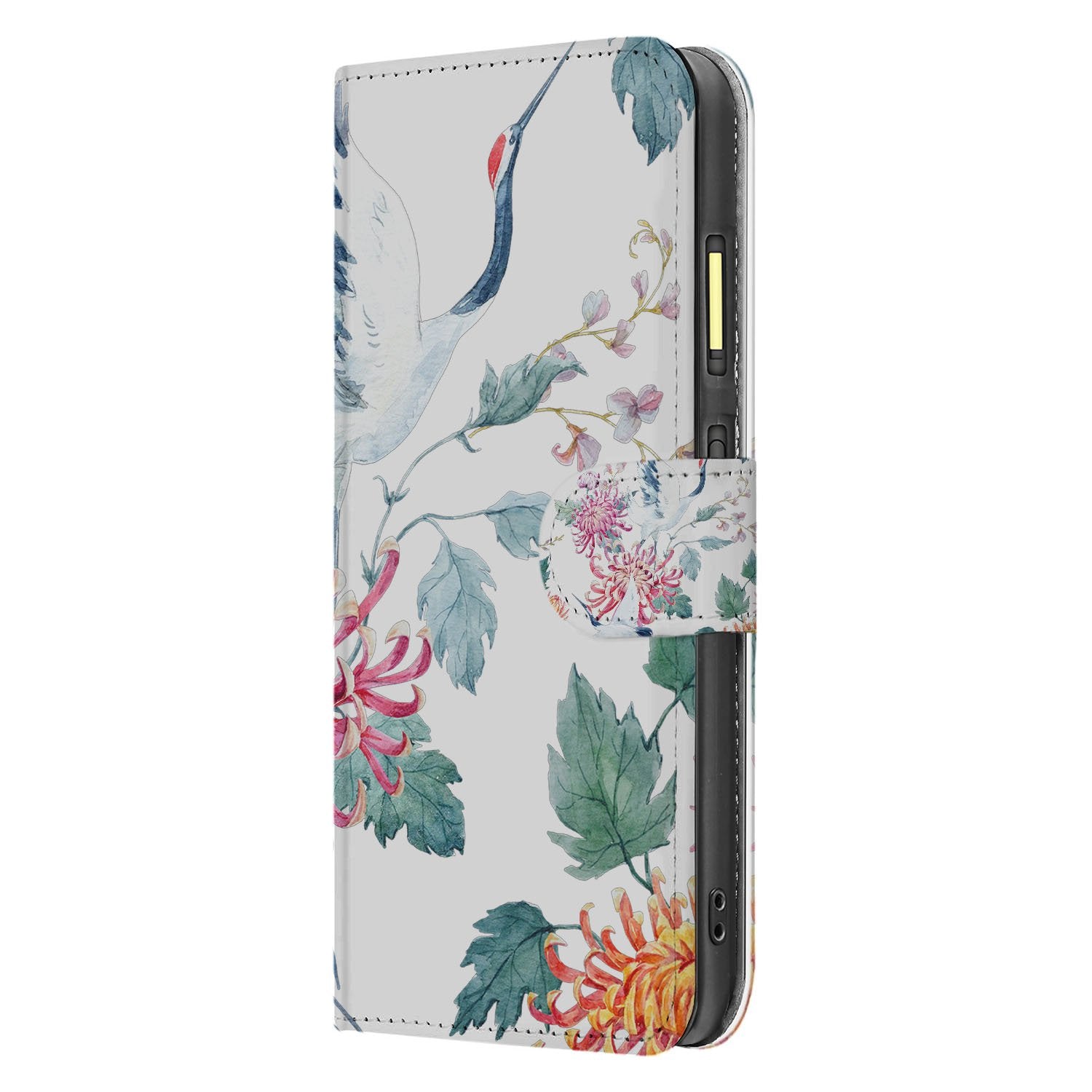 Bird Flowers Design Fairphone 6 Premium Bookcase Hoesje met Pasjes zij aanzicht met kleurrijke bloemen en ooievaars