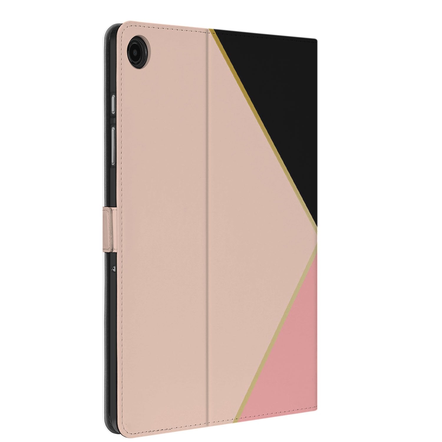 Samsung Galaxy Tab A11 Plus Black Pink Shapes Tablet Hoesje met Standaard zijaanzicht