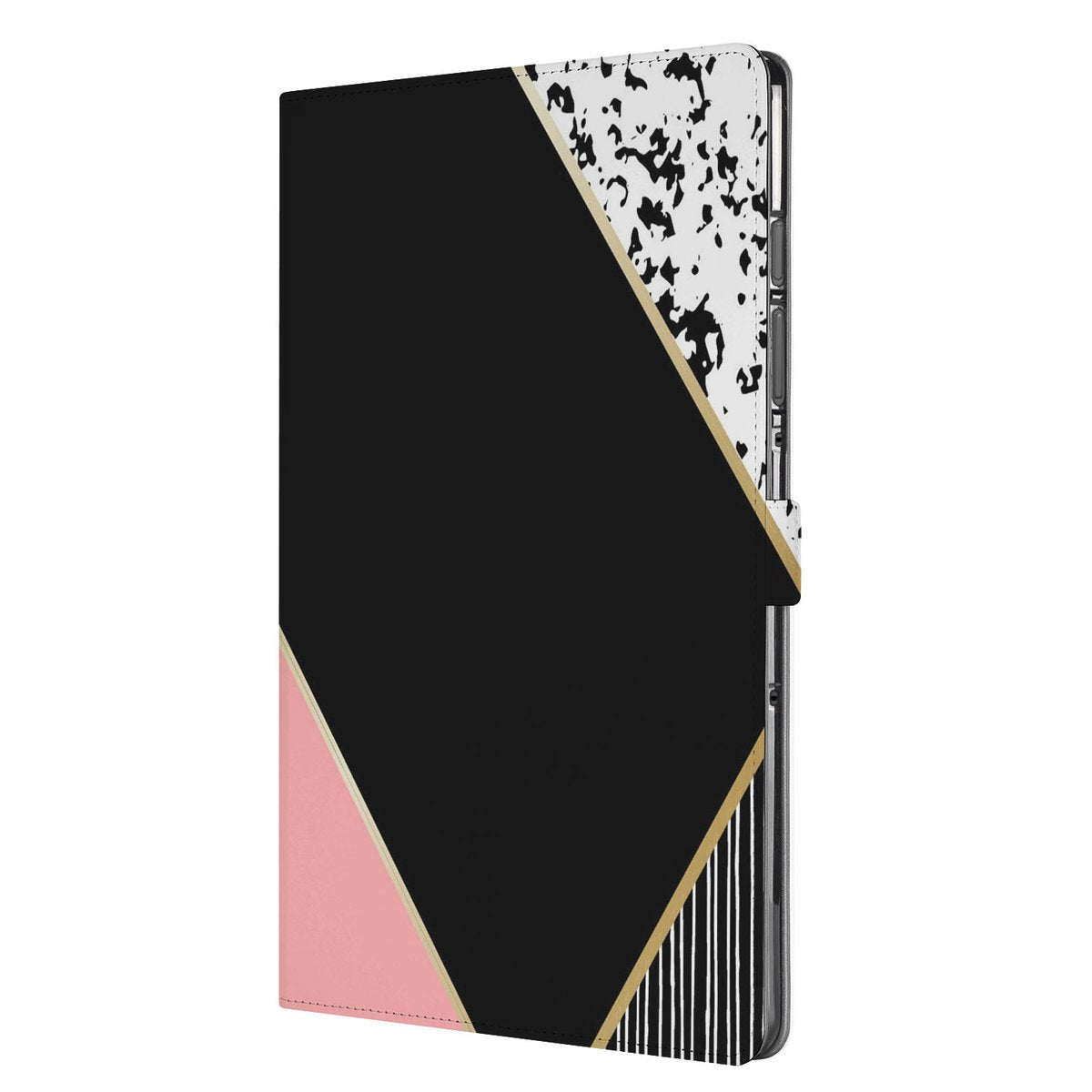 Black Pink Shapes Tablet Hoesje met Standaard Samsung Galaxy Tab S10 FE Plus design zwart roze wit zijaanzicht