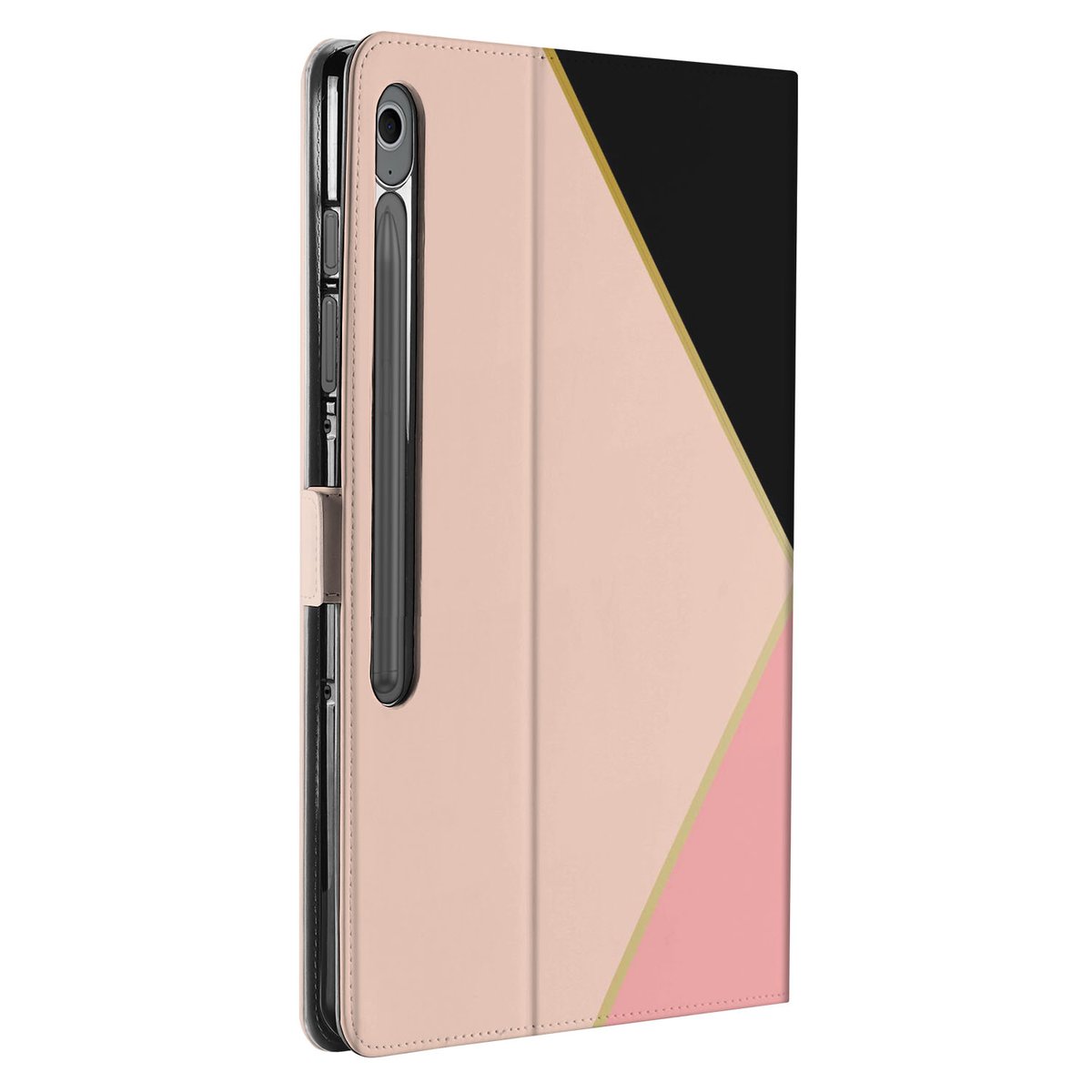 Black Pink Shapes Tablet Hoesje met Standaard Samsung Galaxy Tab S10 FE Plus design geometrisch aanzicht