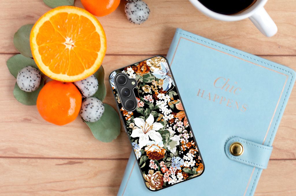 Samsung Galaxy A54 Bloemen Hoesje Dark Flowers bovenaanzicht