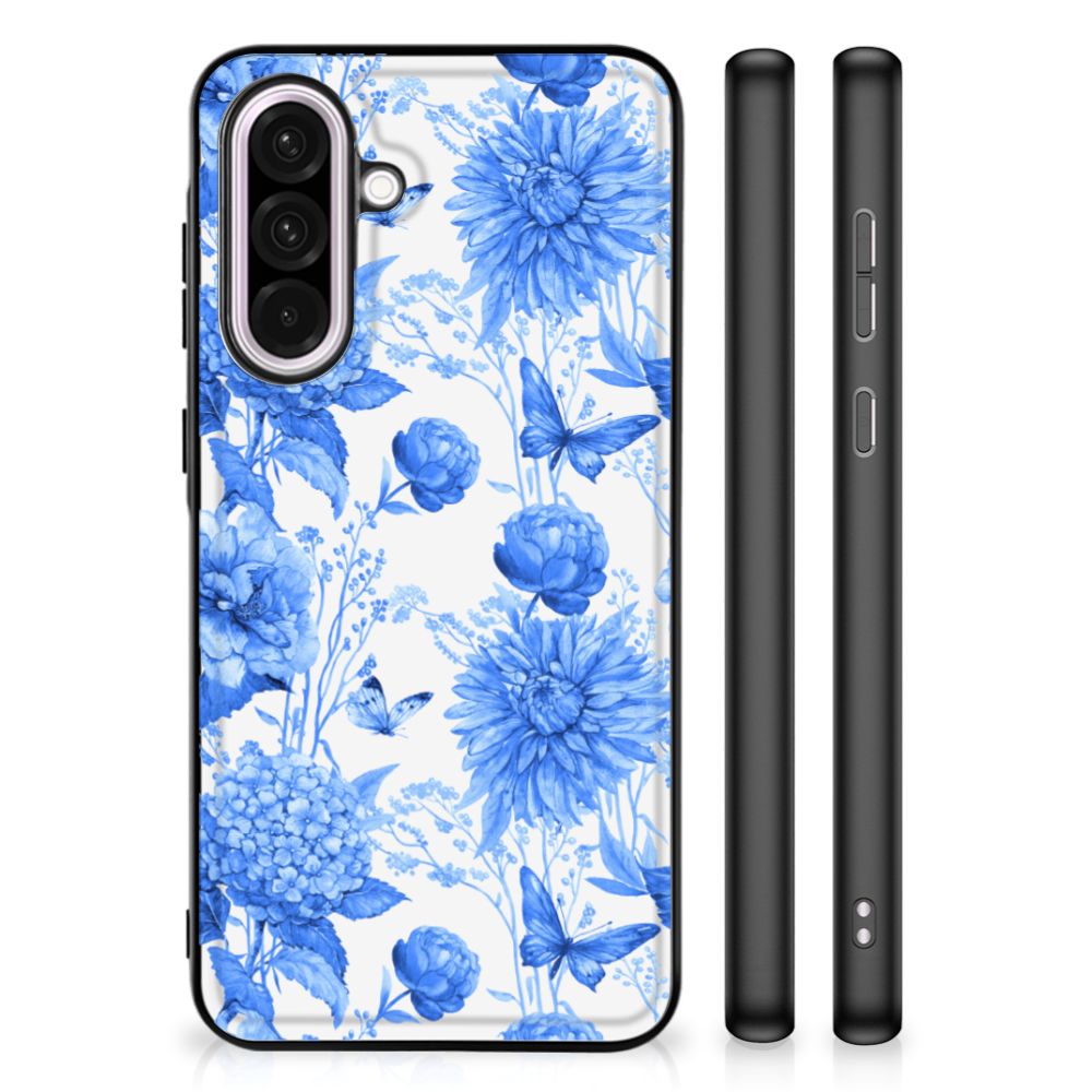 Samsung Galaxy A56 Bloemen Hoesje voor Samsung Galaxy A56 Flowers Blue design bovenkant zijkanten