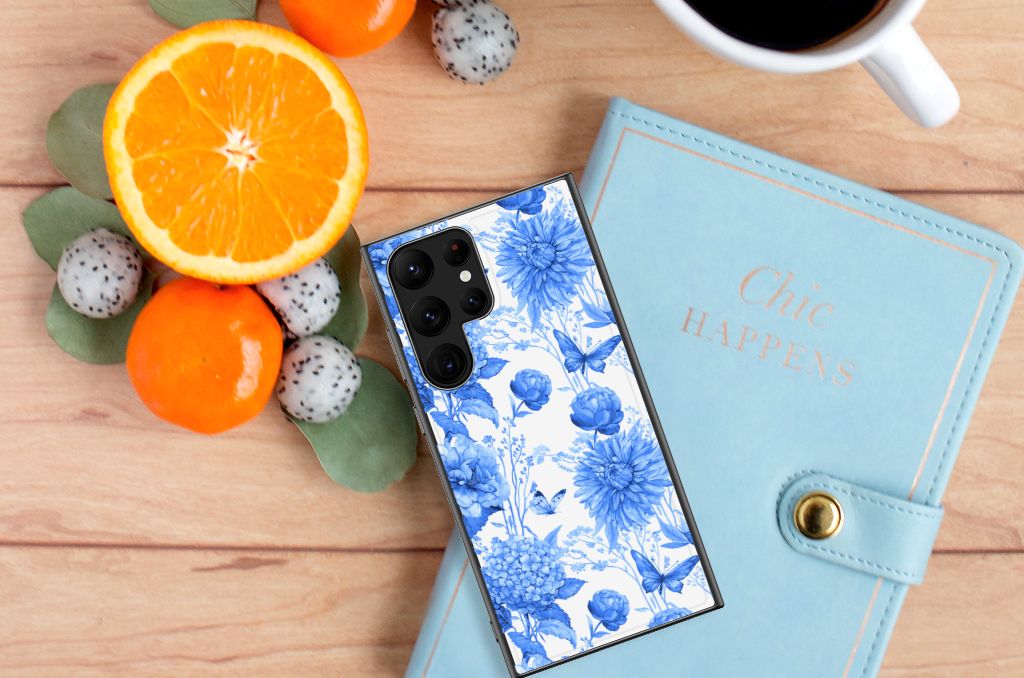 Bloemen Hoesje voor Samsung Galaxy S23 Ultra Flowers Blue B2C Telecom