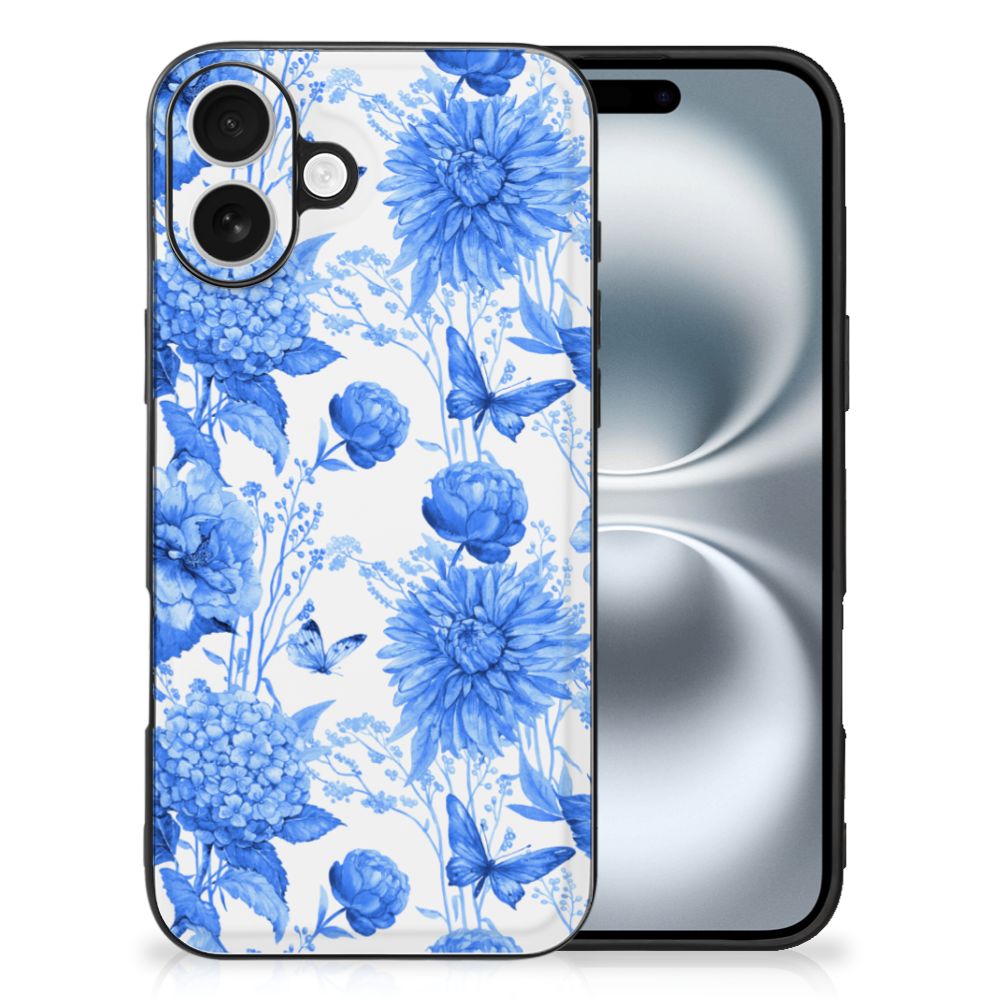 iPhone 16 Bloemen Hoesje voor iPhone 16 Flowers Blue bloemen design achterzijde
