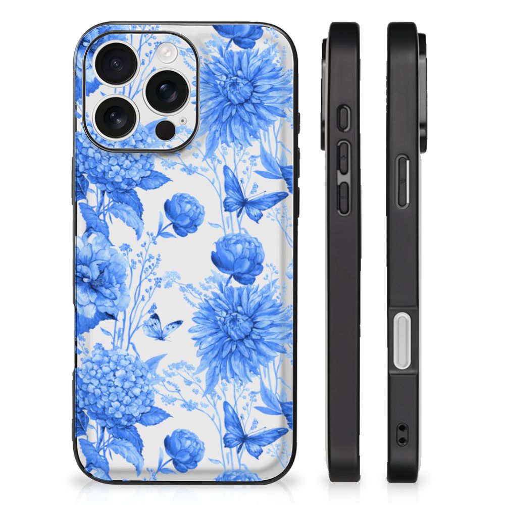 Apple iPhone 16 Pro Bloemen Hoesje voor iPhone 16 Pro Flowers Blue design bloemen aanzicht