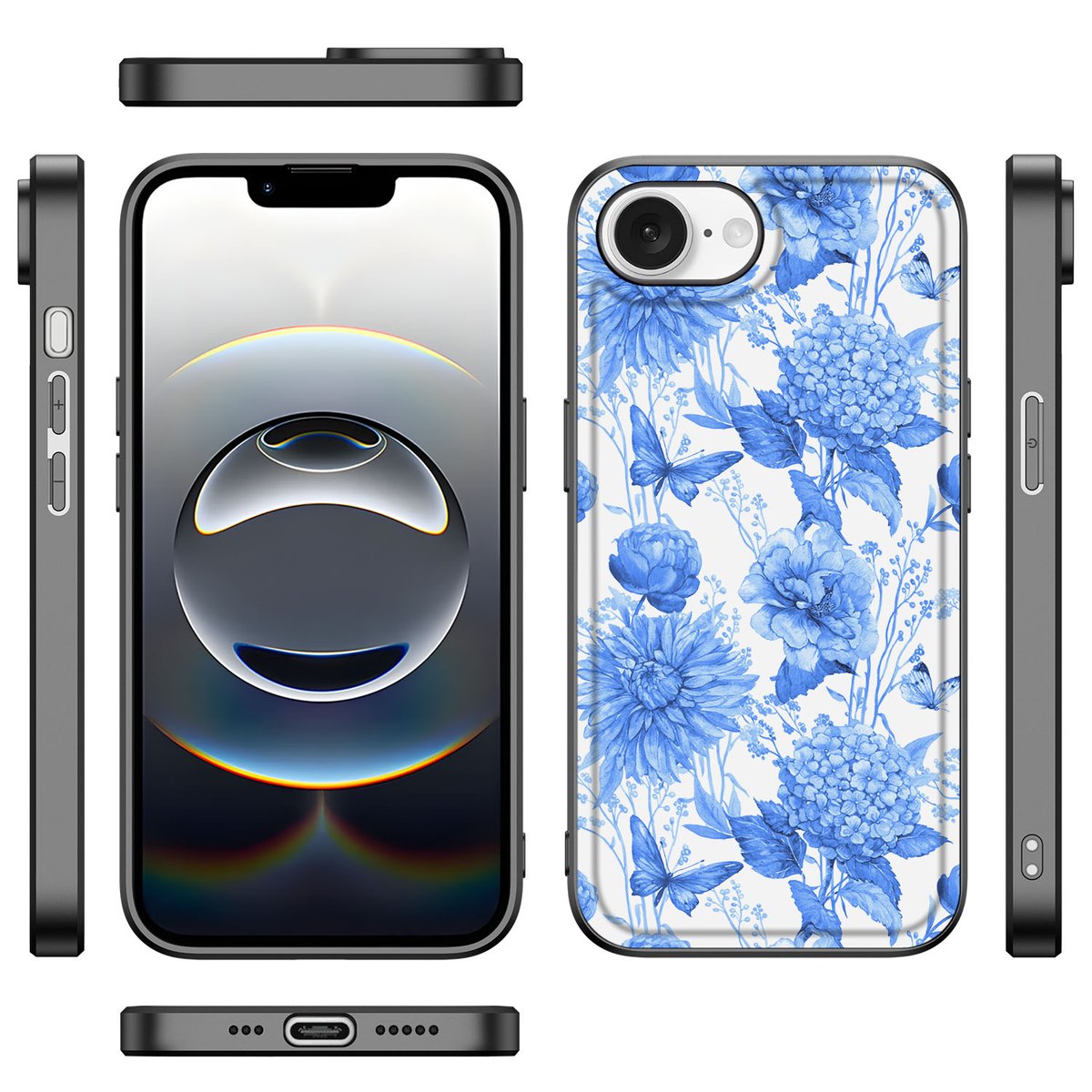 iPhone 16e Bloemen Hoesje voor iPhone 16e Flowers Blue bloemen design zijaanzicht