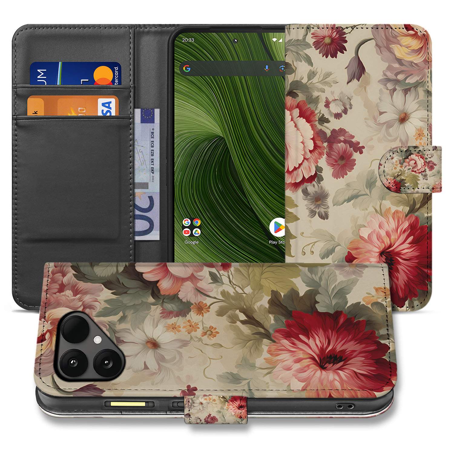 Fairphone 6 Bloemenprint Design voor Fairphone 6 Robuuste Bookcase Hoesje met Pasjes Aanzicht