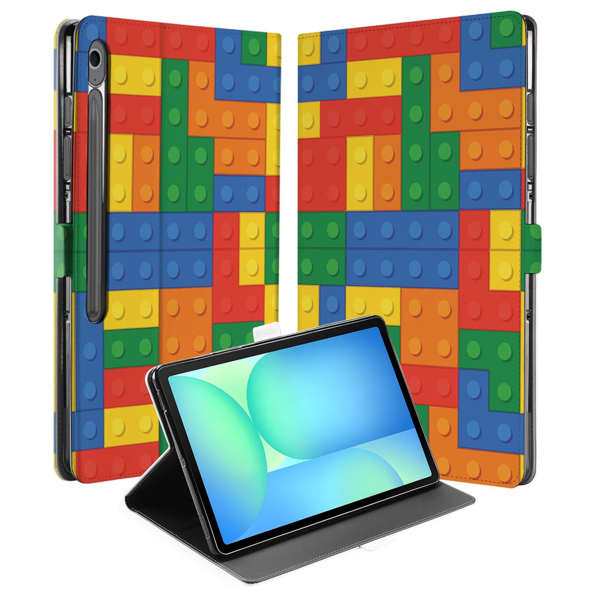 Blokken Book Case Hoesje met Standaard Samsung Galaxy Tab S10 FE Plus kleurrijk design voorzijde en achterzijde