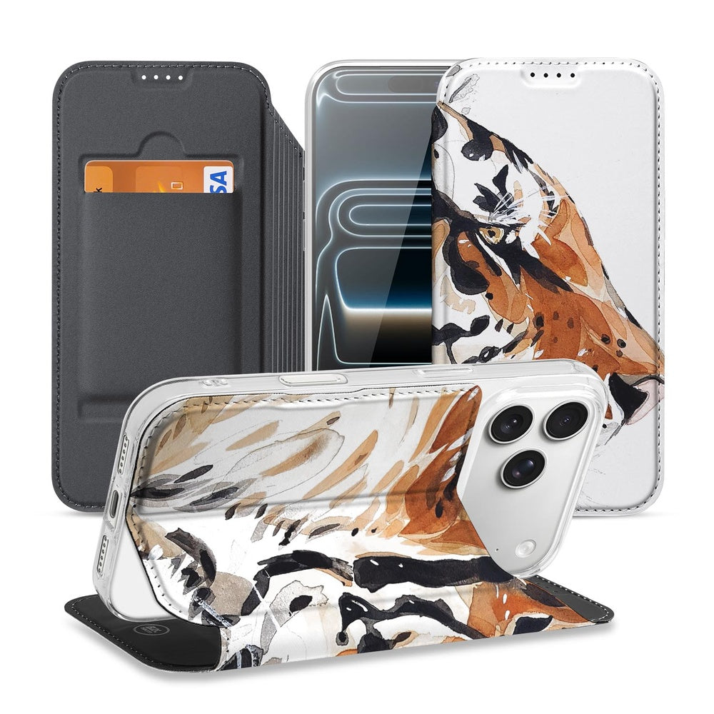 Book Case Apple iPhone 17 Pro Tiger Tiger waterverf met kunstleer voorkant achterkant