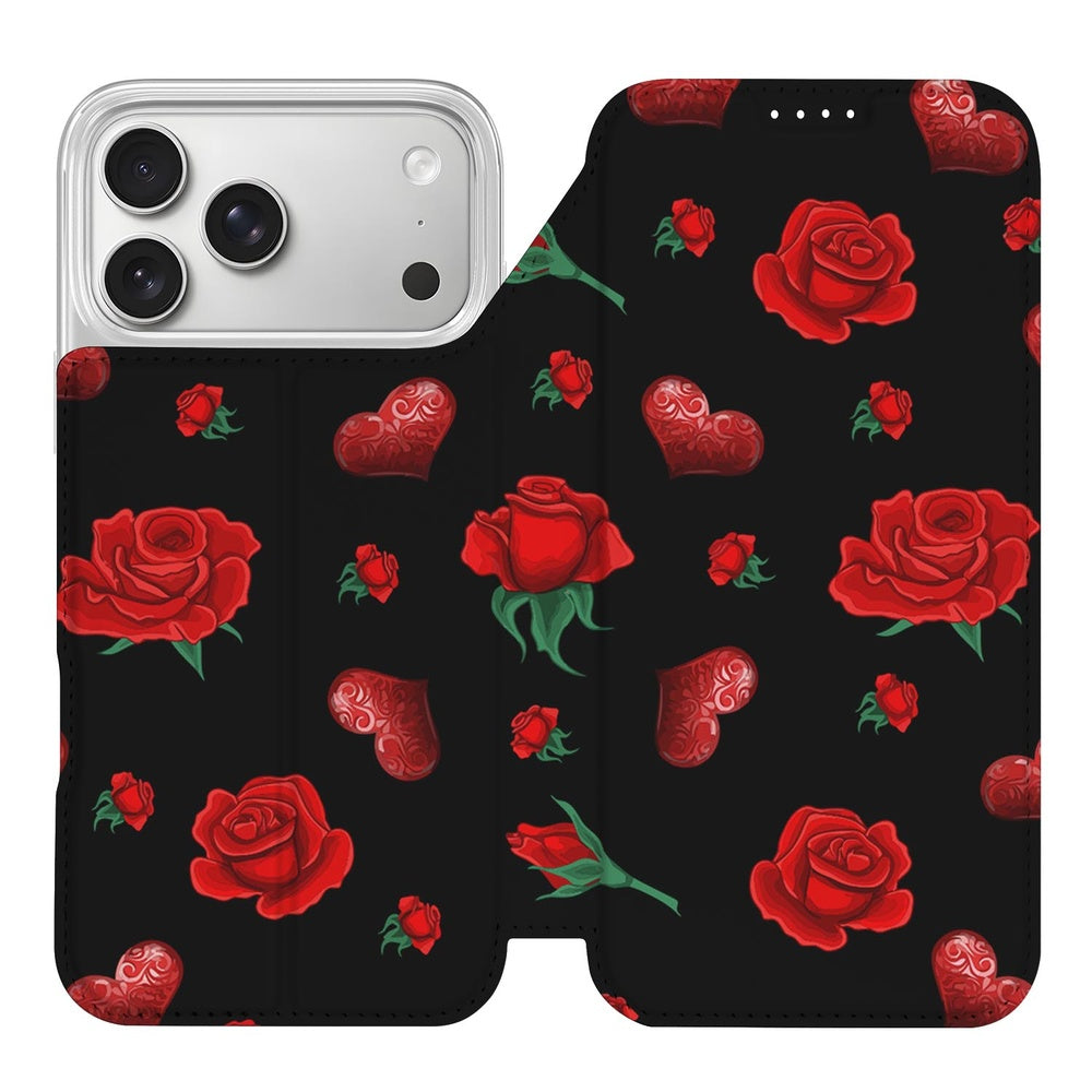 Book Case Apple iPhone 17 Pro Valentine boekenkast met rozen harten patroon aanzicht