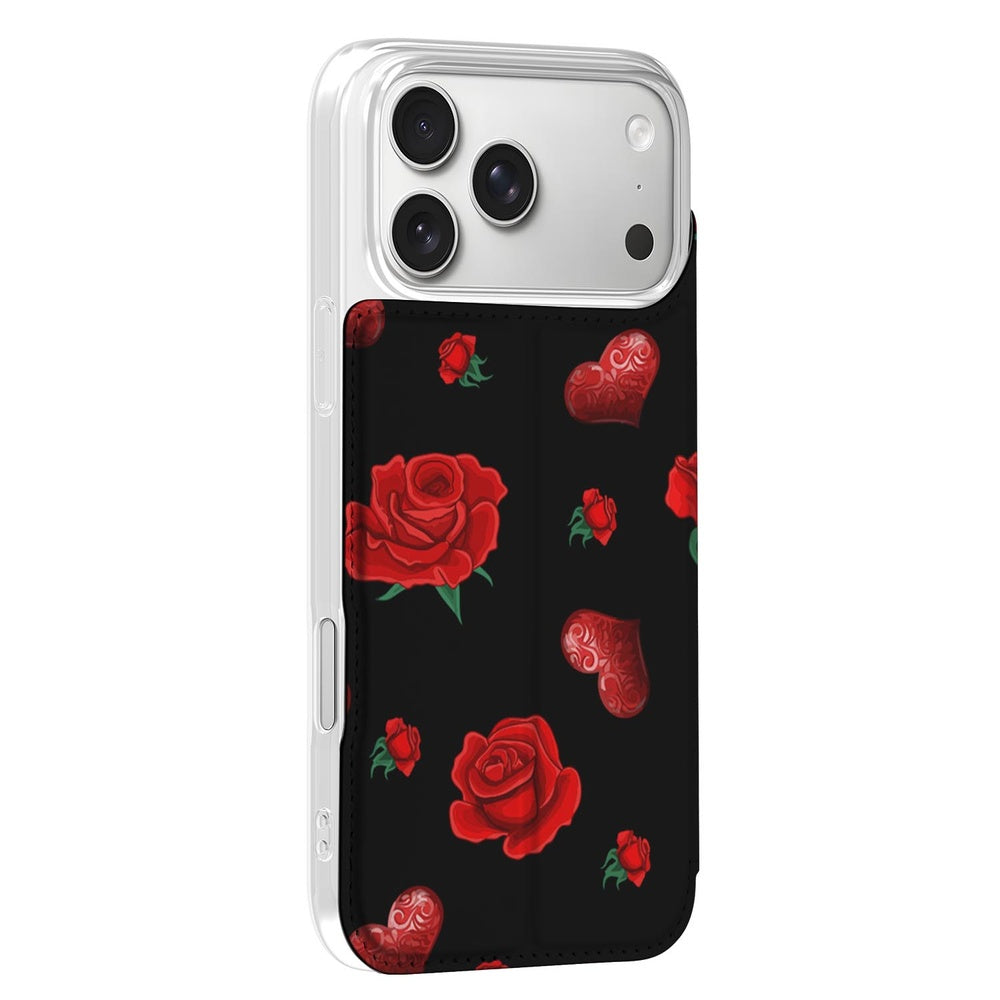 Book Case Apple iPhone 17 Pro Valentine bloemen hartjes zwart design