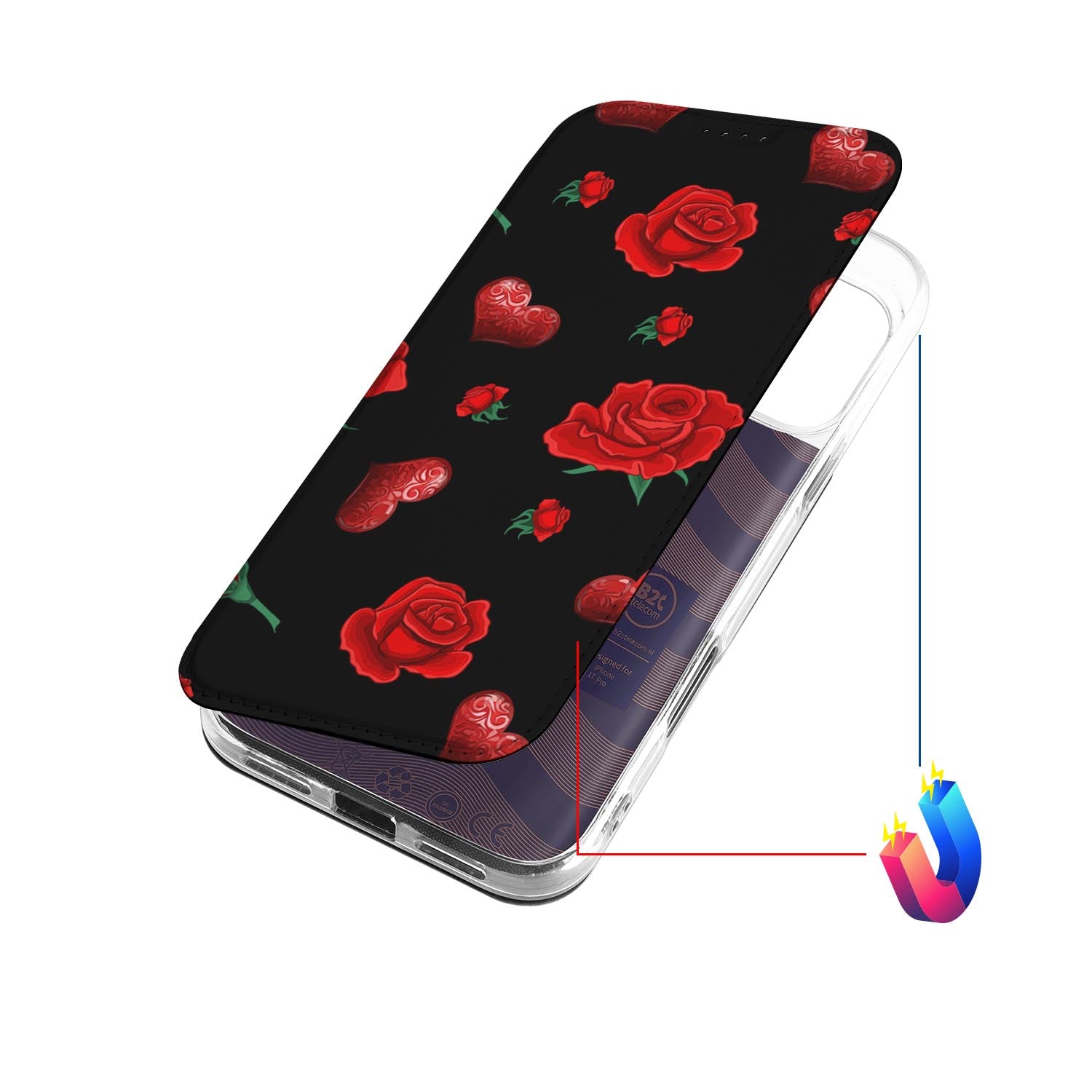 Book Case Apple iPhone 17 Pro Valentine zwart bloemen design aanzicht