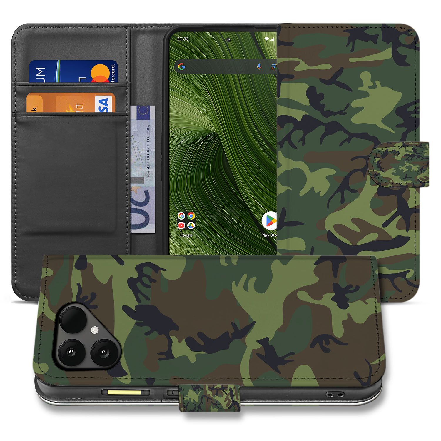 Book Case Fairphone 6 Camouflage Donker Met Pasjes En Sluiting design camouflage aanzicht