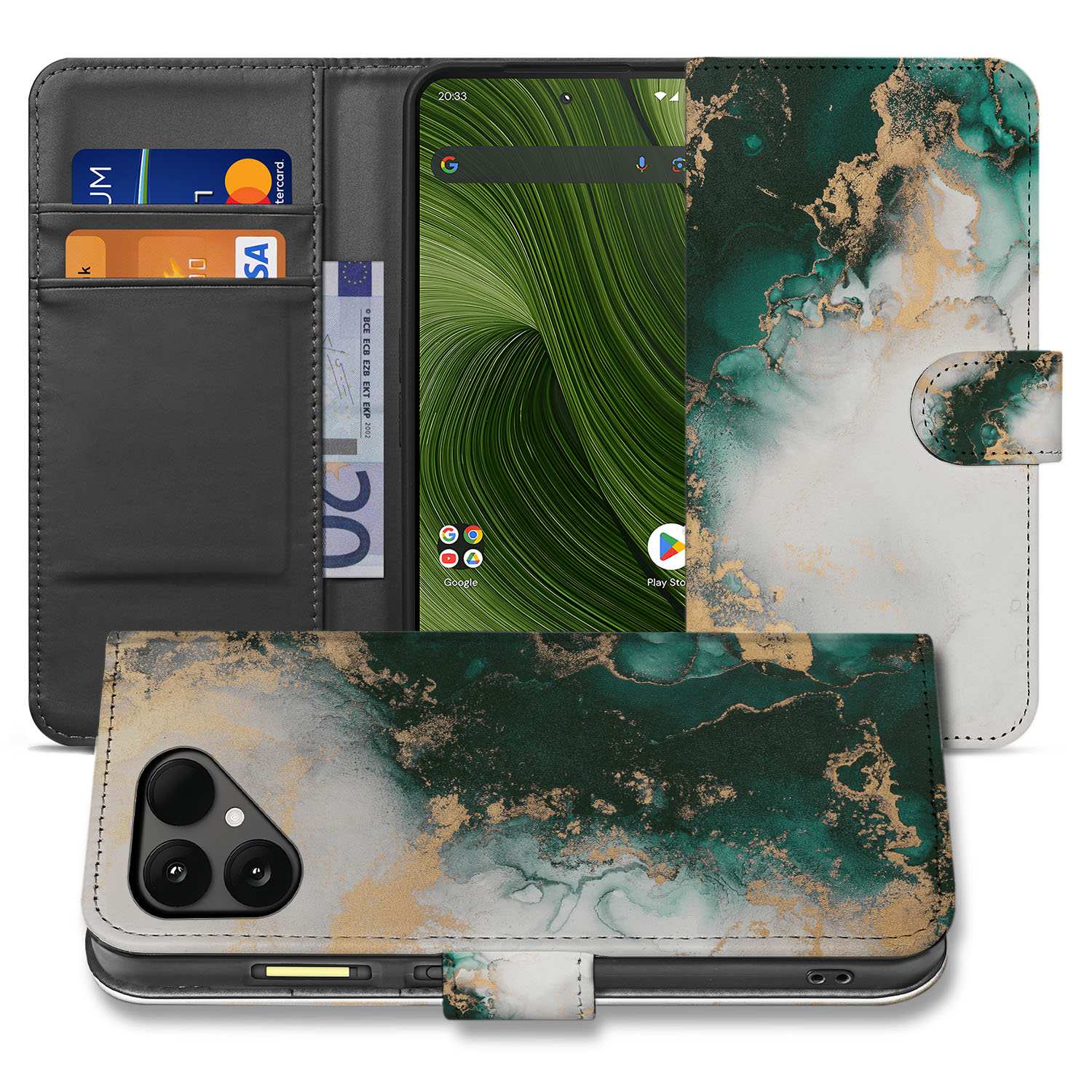 Fairphone 6 Book Case Marmer Groen PU Leer 3 Pasjes voorkant binnenkant