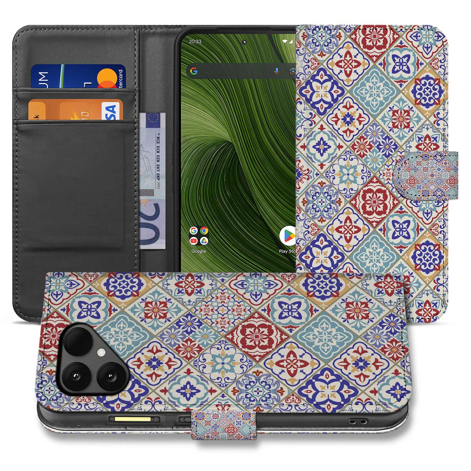 Book Case Fairphone 6 Tegelpatroon Rood Blauw Beige Pasteltonen Met Pasjes Kunstleer design tegelpatroon aanzicht