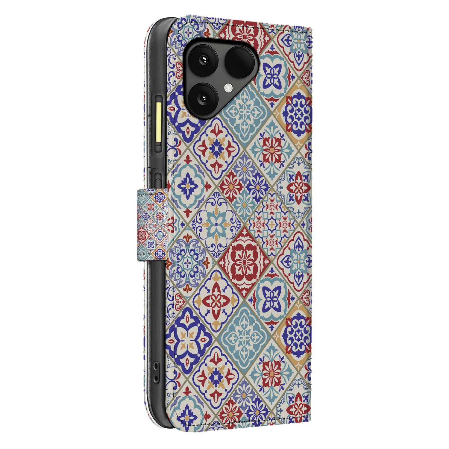 Book Case Fairphone 6 Tegelpatroon Rood Blauw Beige Pasteltonen Met Pasjes Kunstleer zijaanzicht