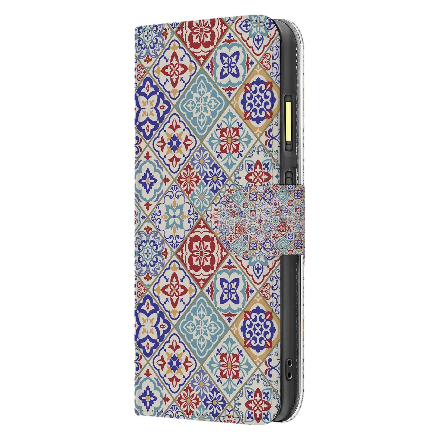 Book Case Fairphone 6 Tegelpatroon Rood Blauw Beige Pasteltonen Met Pasjes Kunstleer zijaanzicht