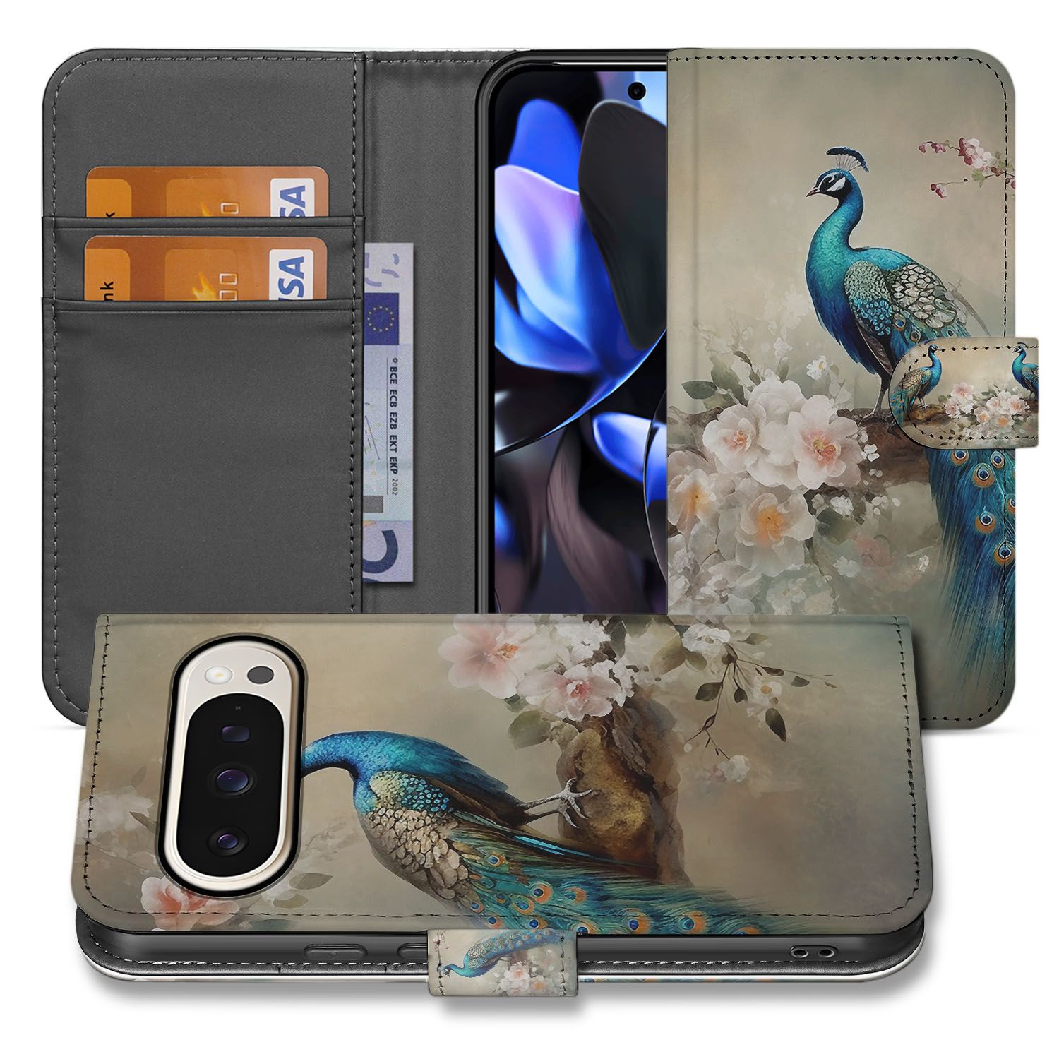 Book Case Google Pixel 10 Pro Met Pasjes Vintage Pauwen Boekhoesje Kunstleer Meerkleurig Zachte Bescherming voorkant design