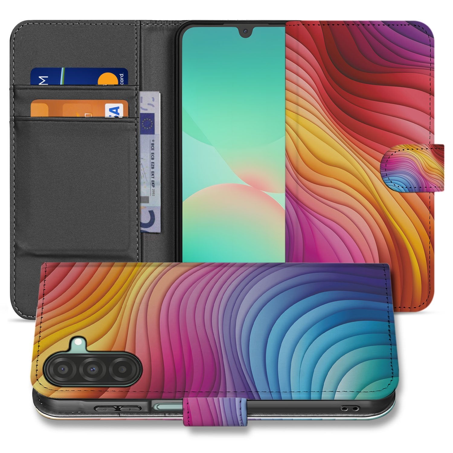 Samsung Galaxy A17 Book Case Hoes Regenboog Voor Samsung Galaxy A17 PU Leer Pasjes voorkant binnenkant