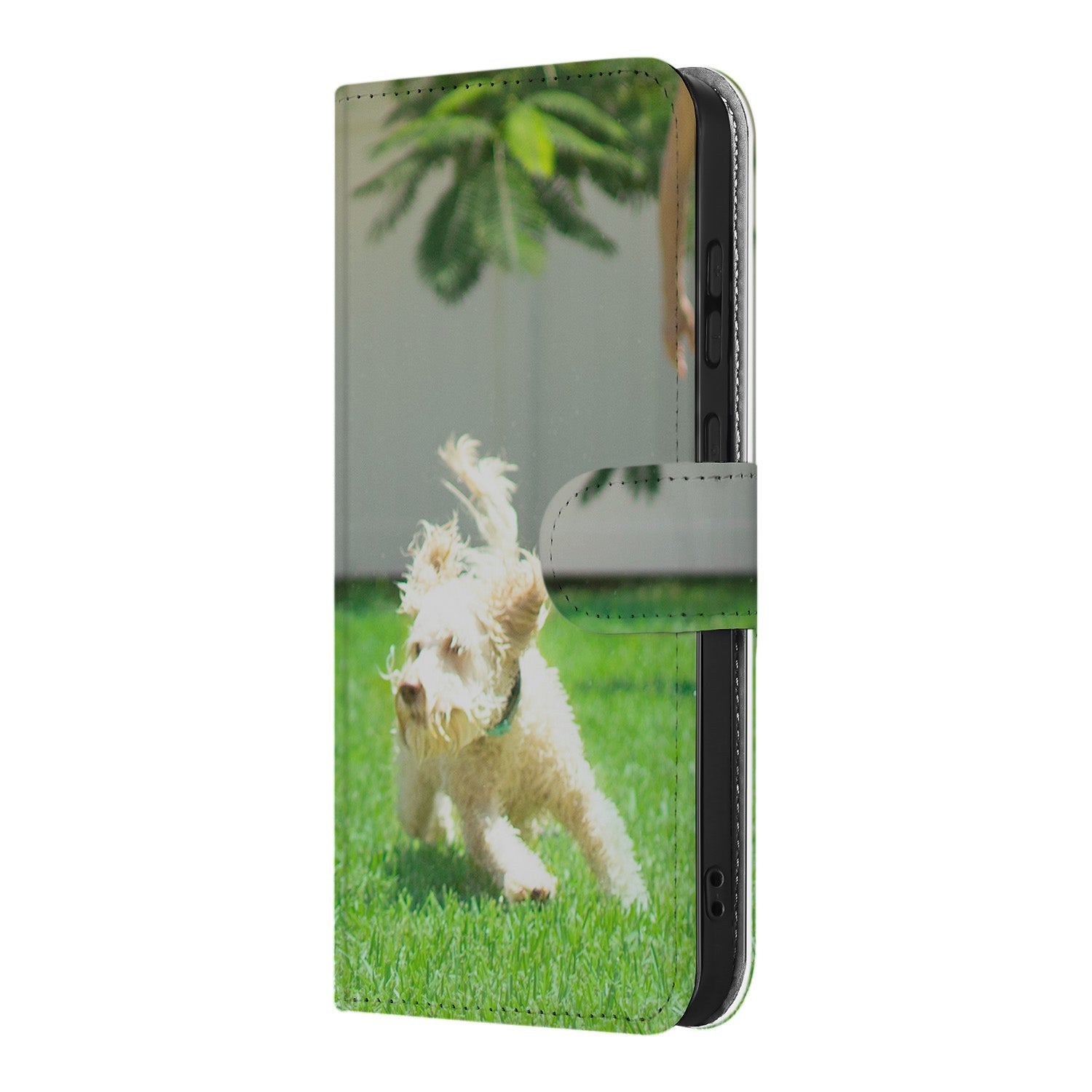 Samsung Galaxy S25 Book Case Hoesje Maken design met hond in gras zijaanzicht