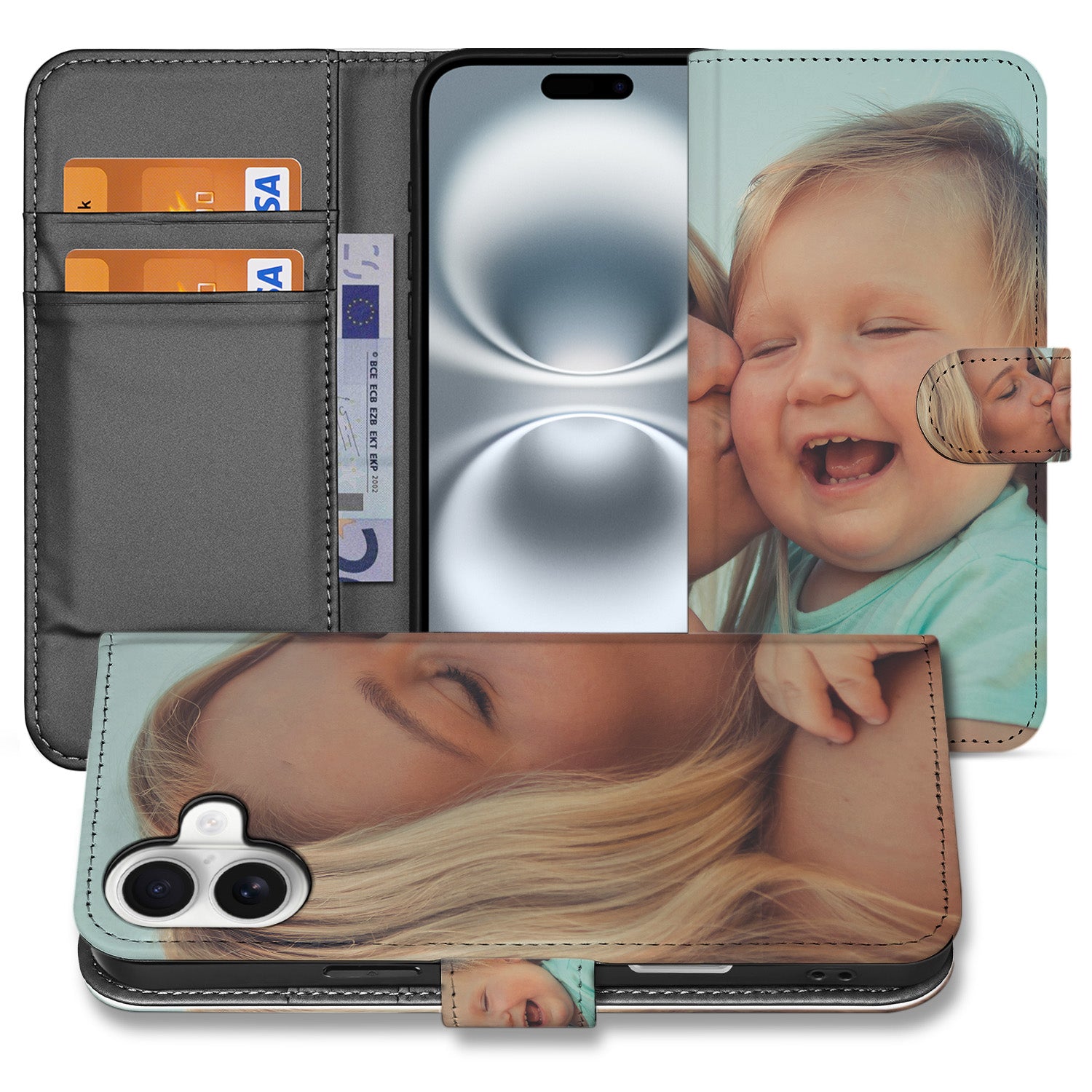 Book Case Hoesje Maken iPhone 16 met persoonlijke foto van moeder en kind.