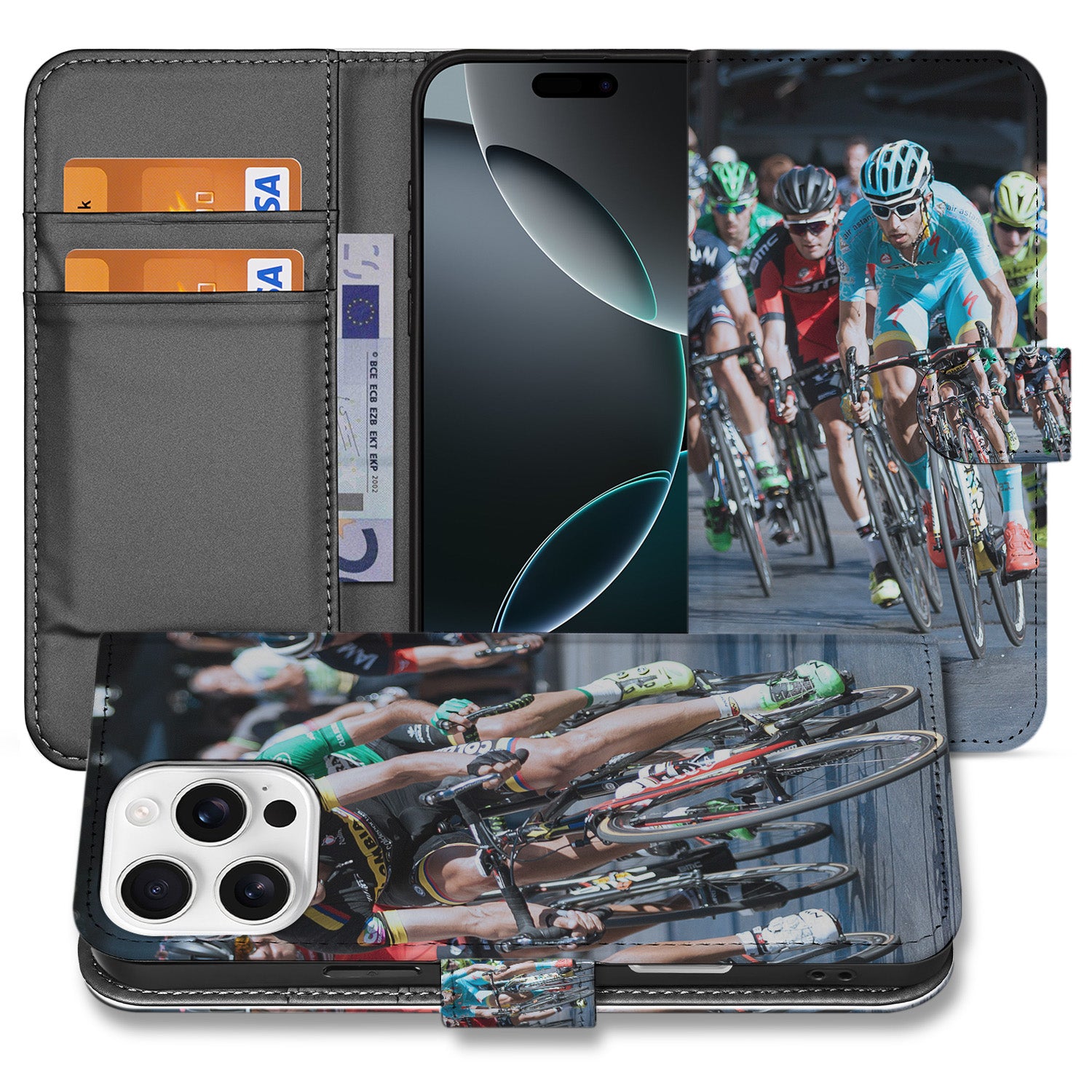 Apple iPhone 16 Pro Max Book Case Hoesje Maken wielrenners ontwerp voorzijde