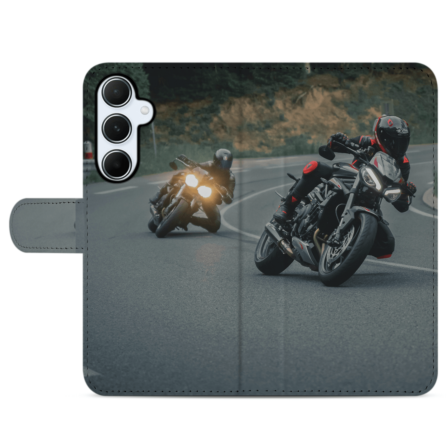 Book Case Hoesje Maken voor de Samsung Galaxy A55 met motorrijders op een bochtige weg.