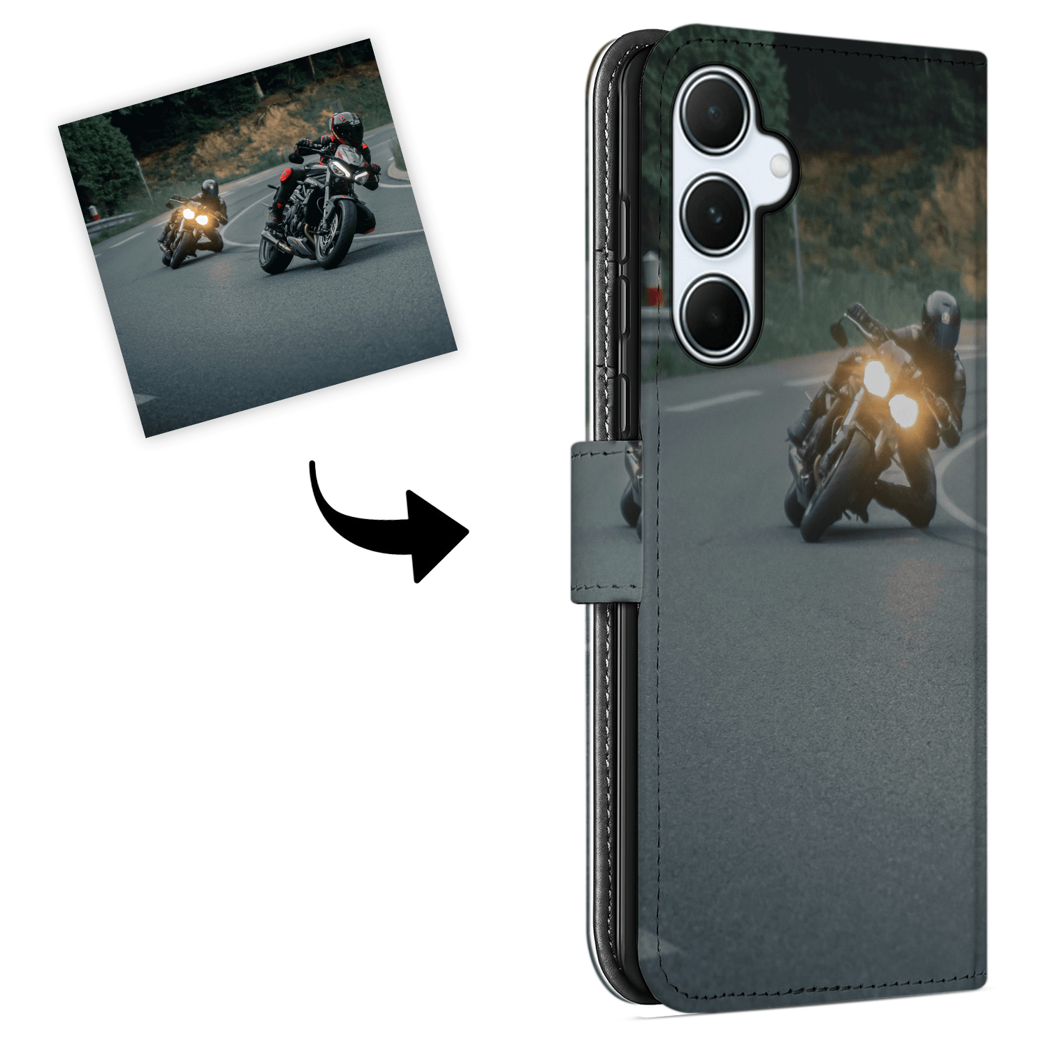 Book Case Hoesje Maken voor de Samsung Galaxy A55 met persoonlijke motorfoto