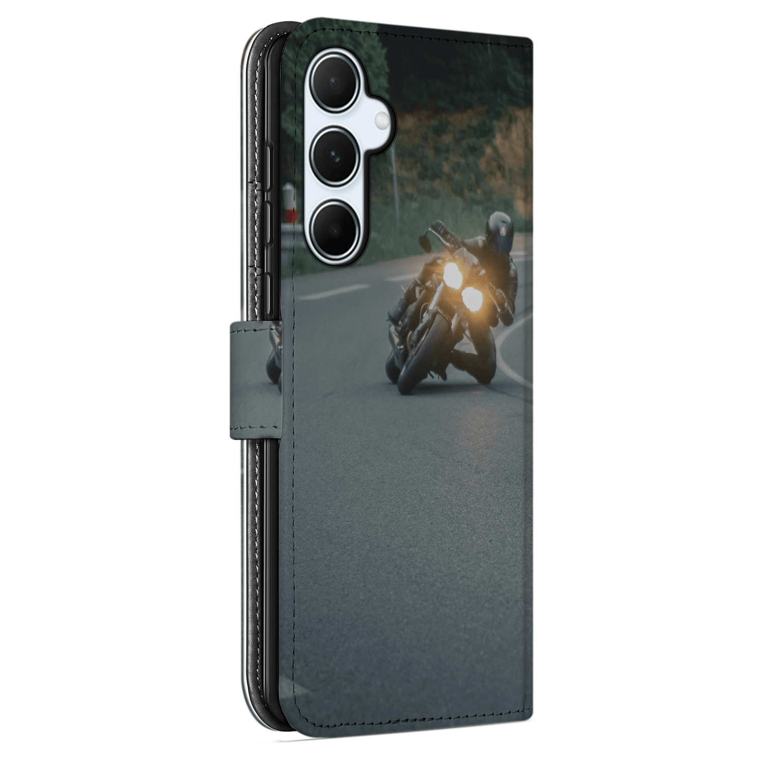 Book Case Hoesje Maken voor de Samsung Galaxy A55 met motorfiets afbeelding op een weg.
