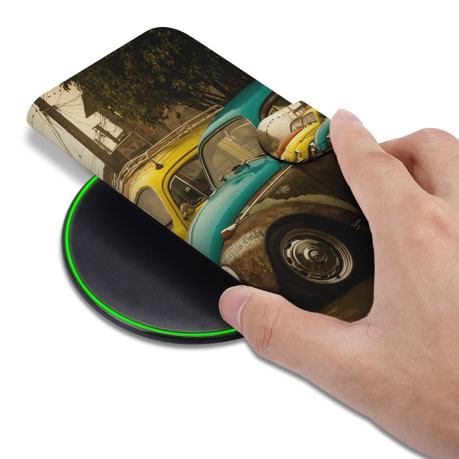 Apple iPhone 16e book case hoesje ontwerpen vintage auto aanzicht