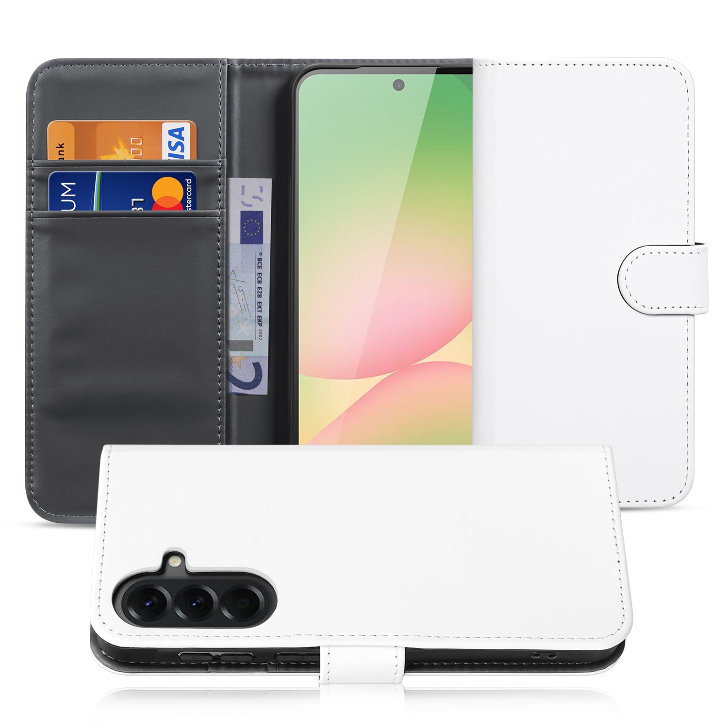 Samsung Galaxy A57 Book Case Hoesje Wit met Pasjeshouder Vooraanzicht.