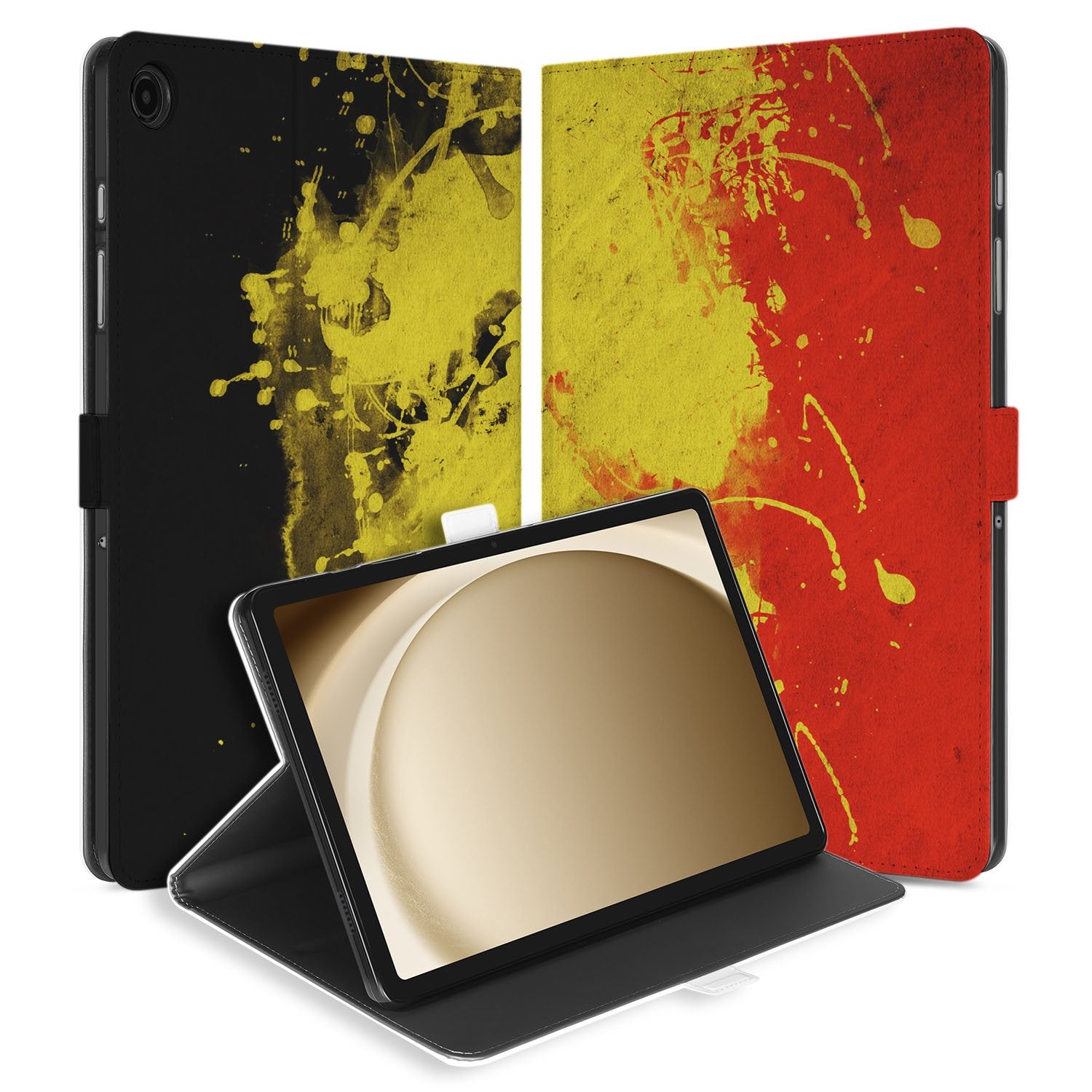Samsung Galaxy Tab A11 Plus Book Case Hoesje met Standaard België design met kleurcontrast zwart geel rood aanzicht