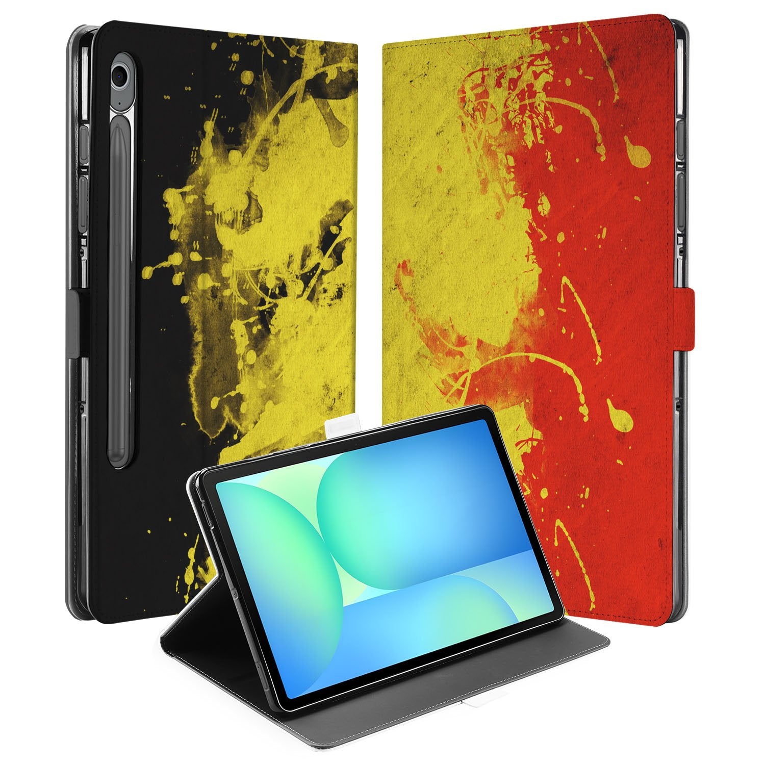 Samsung Galaxy Tab S10 FE | Tab S9 FE Book Case Hoesje met Standaard België design zwart geel rood aanzicht