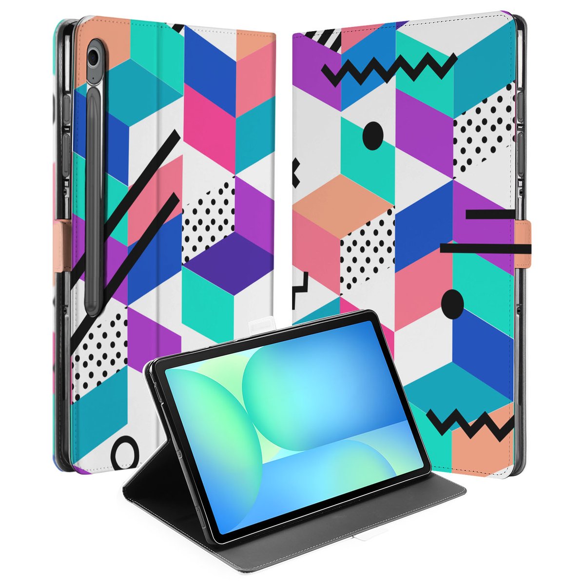 Book Case Hoesje met Standaard Blocks Colorful Samsung Galaxy Tab S10 FE Plus kleurrijk design vooraan