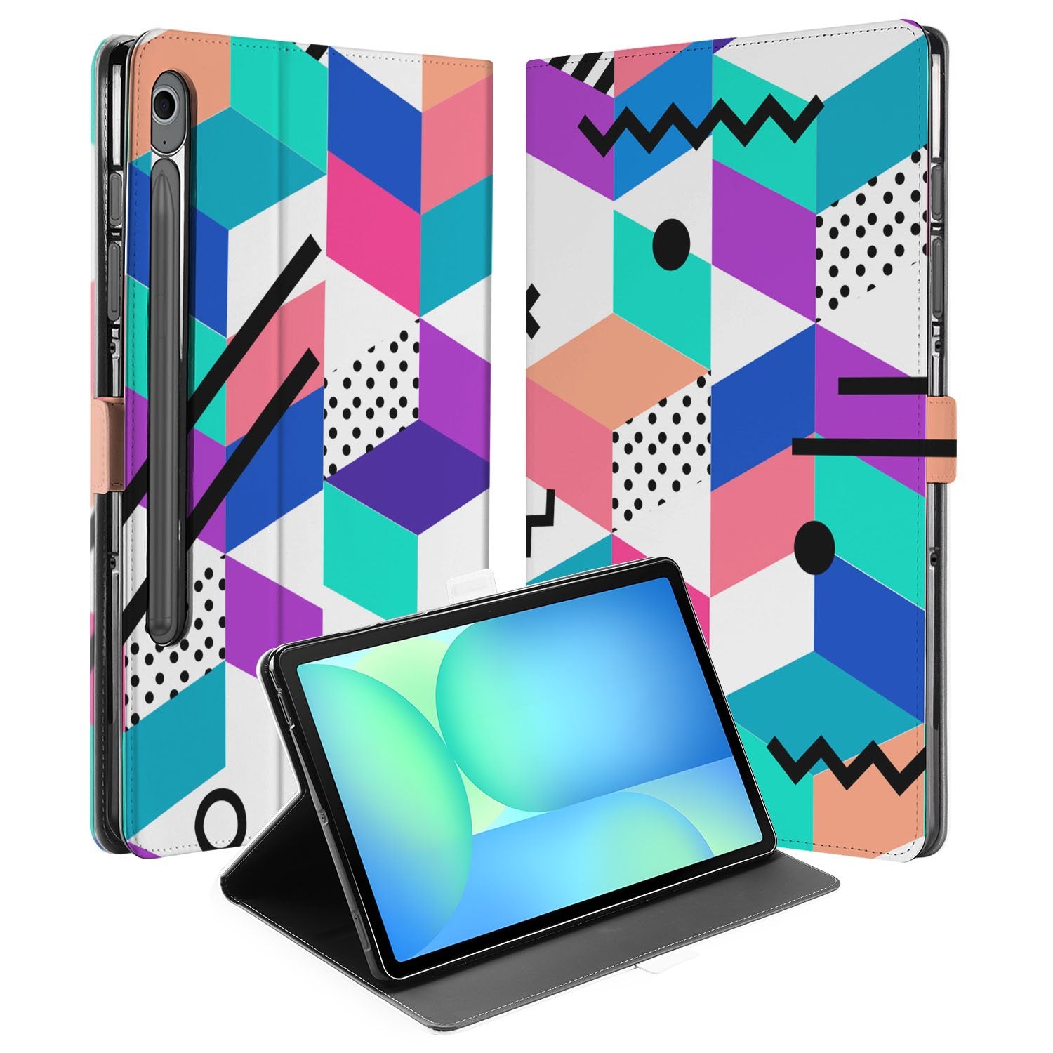 Book Case Hoesje met Standaard Blocks Colorful Samsung Galaxy Tab S10 FE | Tab S9 FE design Blocks Colorful aanzicht