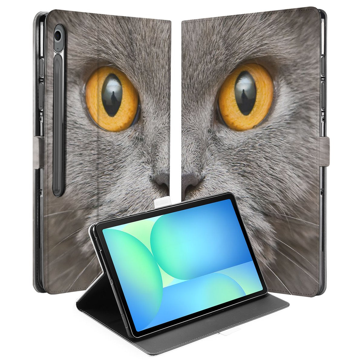 Book Case Hoesje met Standaard Britse Korthaar Samsung Galaxy Tab S10 FE Plus kattenprint aanzicht