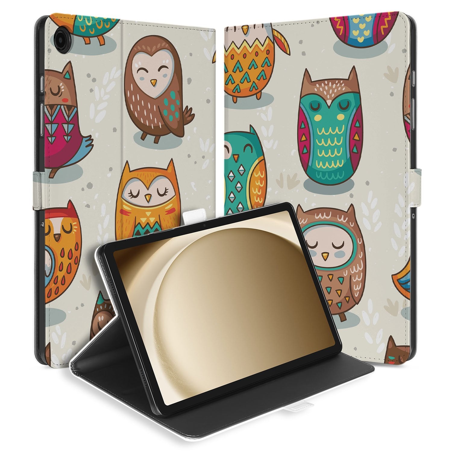 Samsung Galaxy Tab A11 Plus Book Case Hoesje met Standaard Vrolijke Uilen voorkant staand