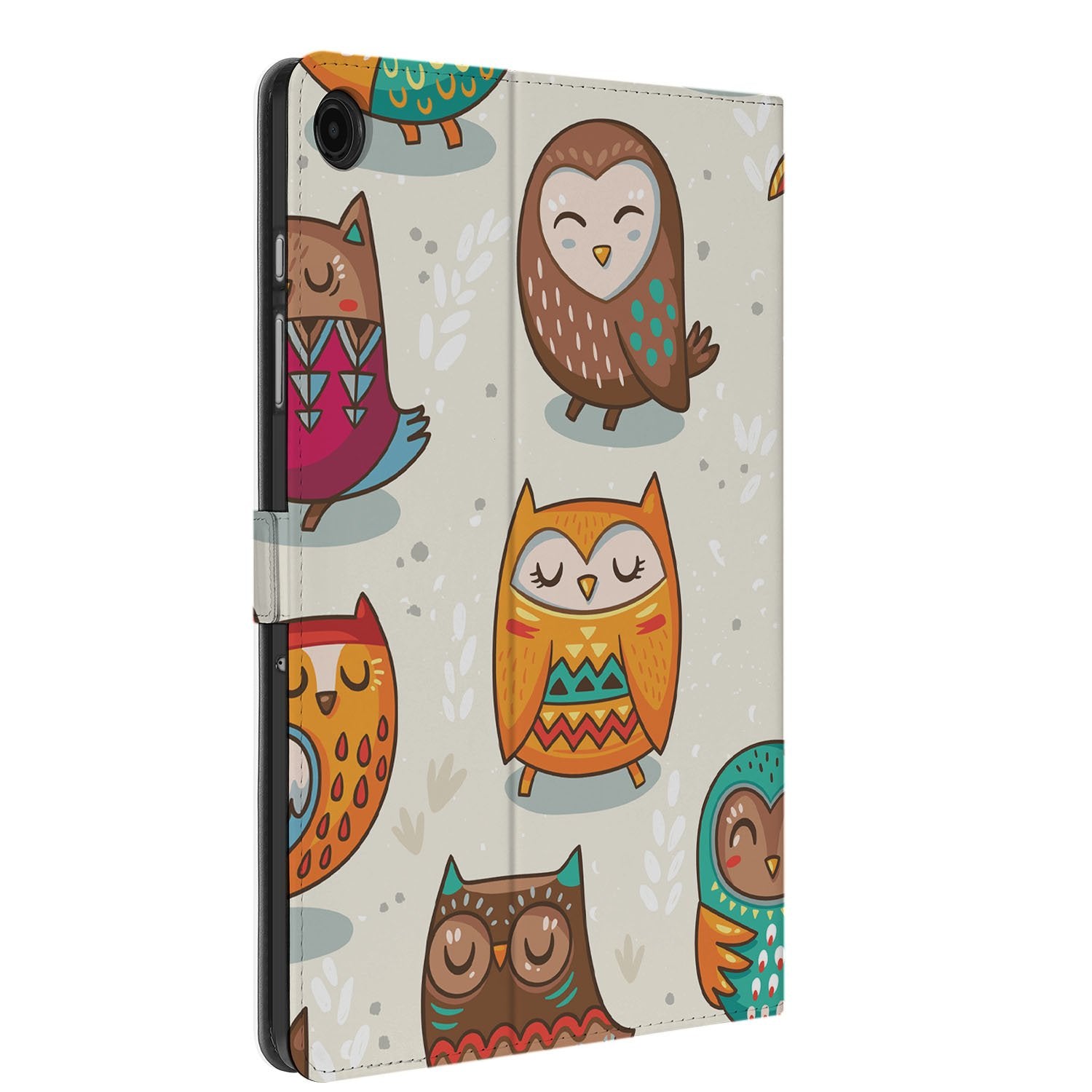 Samsung Galaxy Tab A11 Plus Book Case Hoesje met Standaard Vrolijke Uilen voorkant diagonaal