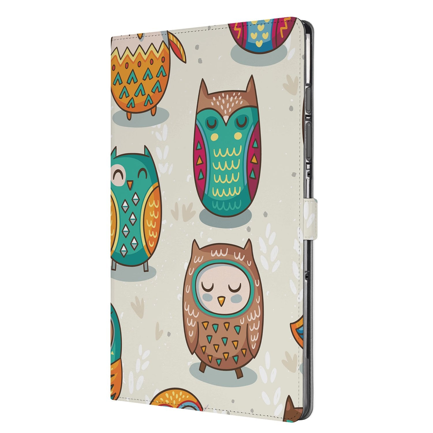 Samsung Galaxy Tab S10 FE | Tab S9 FE Book Case Hoesje met Standaard Vrolijke Uilen zij aanzicht