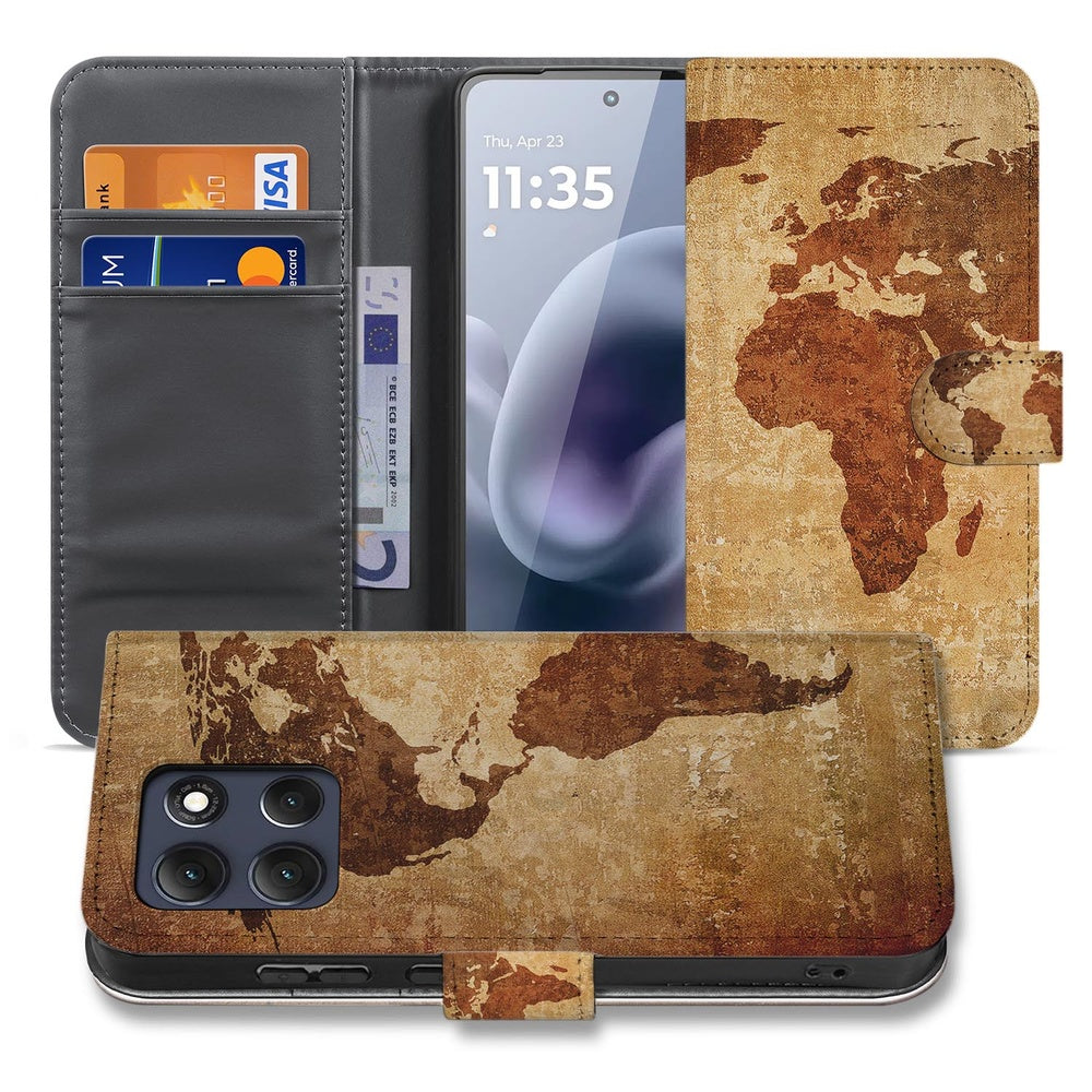 Motorola Moto G86 Book Case Wereldkaart bruin geel vooraanzicht.